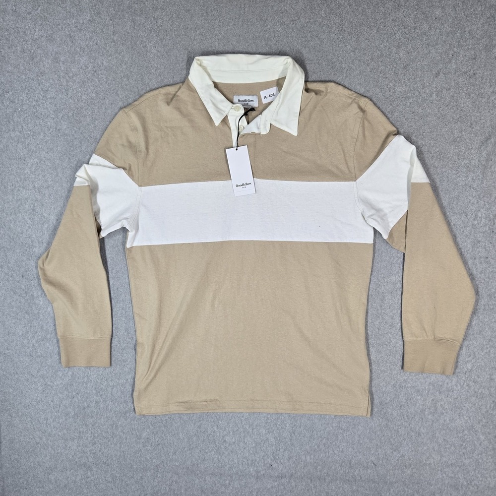 Goodfellow & Co Men Polo M Taupe Colorblock Button Long Sleeve Rugby Shirt NWT
